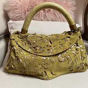 R & Y Augousti Vintage Green Suede Cut Floral Clutch Shoulder Bag Barney’s New!
